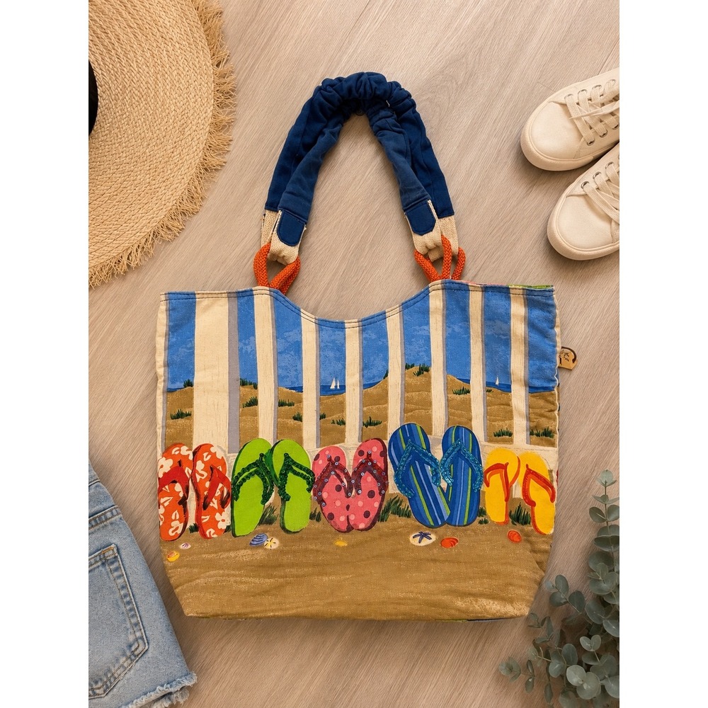 Paul Brent Beach Life Canvas Tote Bag Coastal Flip Flops Zippered Summer Travel